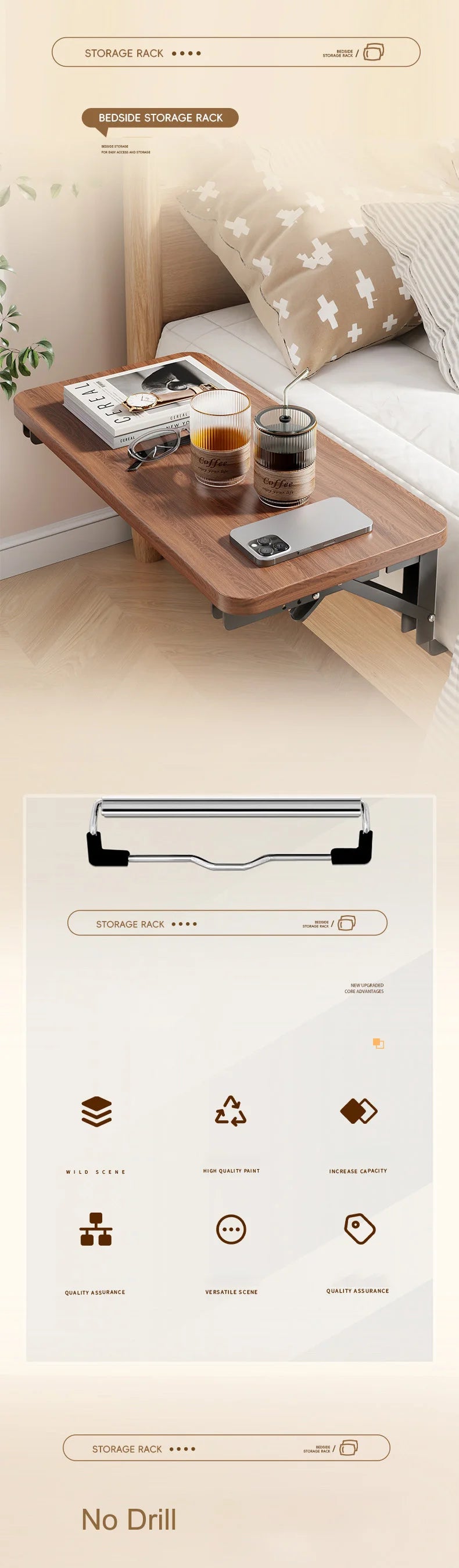 Foldable Collapsible Organizer Attachable Bedside Shelf Table Under Bed Mat Dorm Bunk Bed Storage for College Space Save