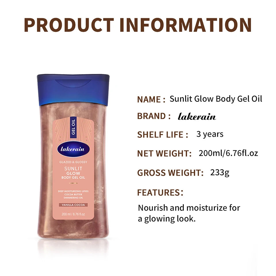Shimmer Sunlit Glow Body Gel Oil Vanilla Cocoa Scent 100% Pure Cocoa Butter Hydrating Lipids Nourish Moisturize Radiant Glowing