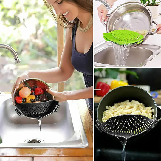 Universal Silicone Pot Edge Drainer Kitchen Clip-on Pan Pot Anti-spill Strainer Fruit Vegetable Washing Filter Noodles Colander