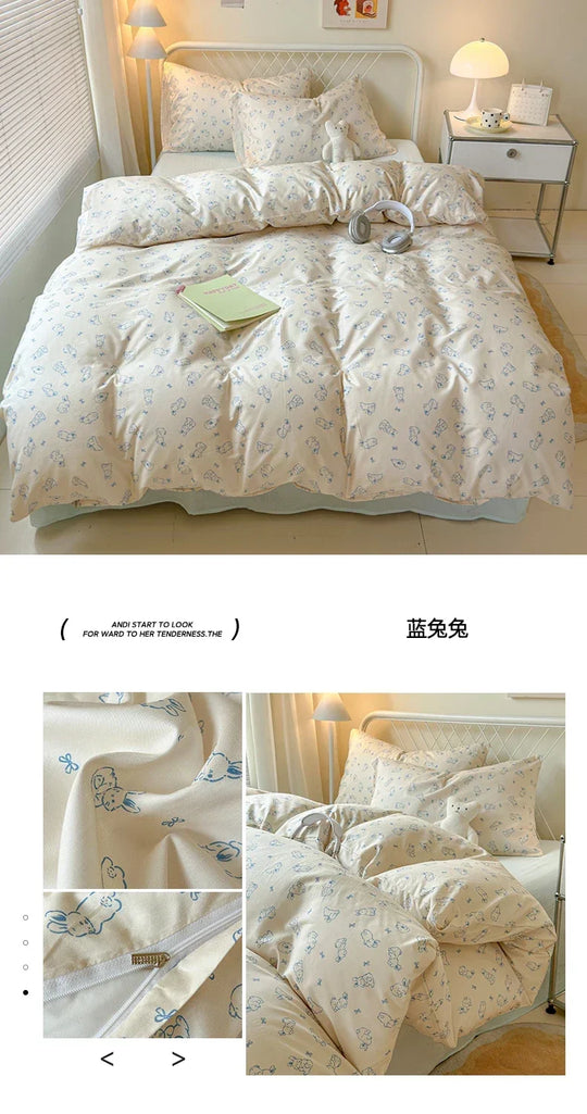 Queen Bedding Set Reactive Printed Bed Sheet Sets Washed Polyester Soft Duvet Cover Bed Sheet Pillowcase Cartoon Bedding Bed Set
