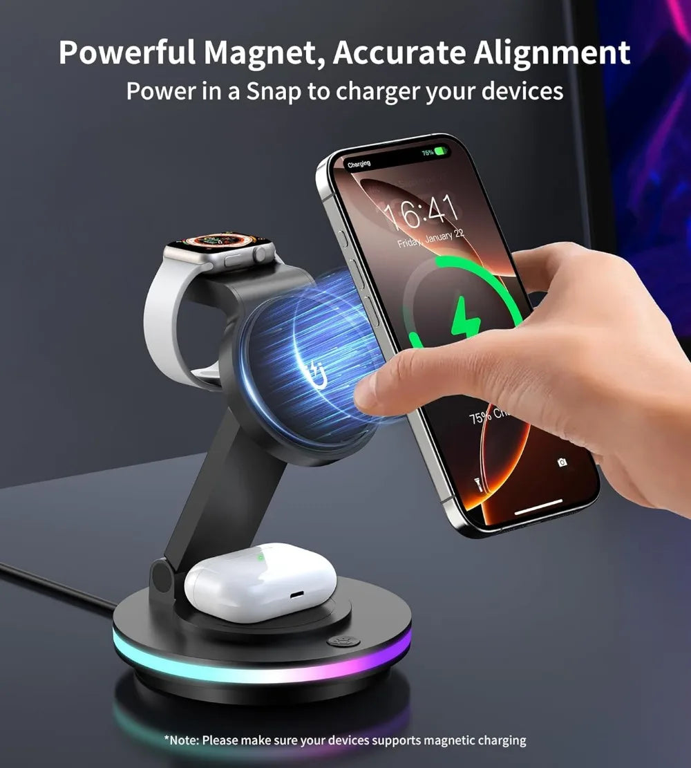 Magnetic Wireless Charging Station for iPhone 16 15 14 Foldable Rotating Light Adjustment 3-in-1 15W Fast Mag-Safe Charger Stand