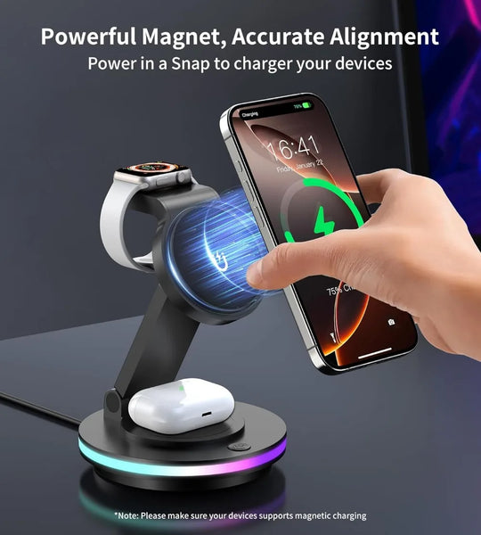 Magnetic Wireless Charging Station for iPhone 16 15 14 Foldable Rotating Light Adjustment 3-in-1 15W Fast Mag-Safe Charger Stand