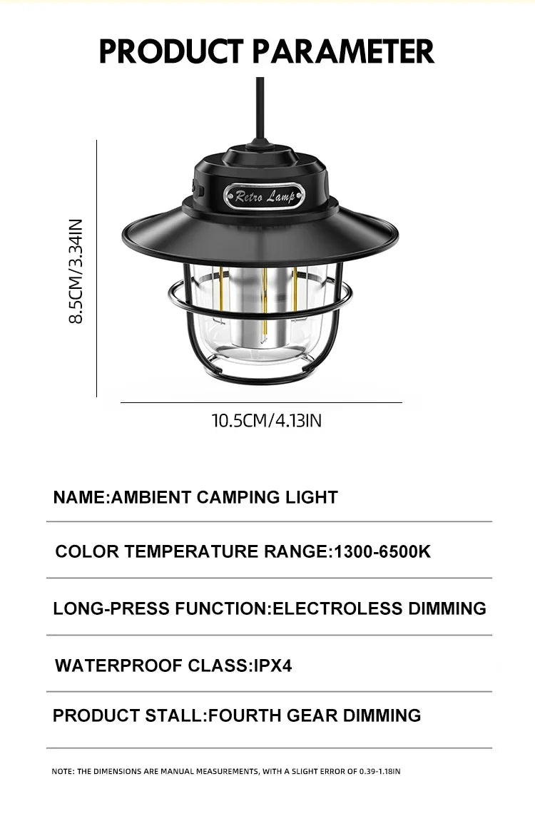 LED Camping Lamp Retro Hanging Lamp Portable Stepless Dimming Camping Light Waterproof Rechargeable Outdoor Light Lantern