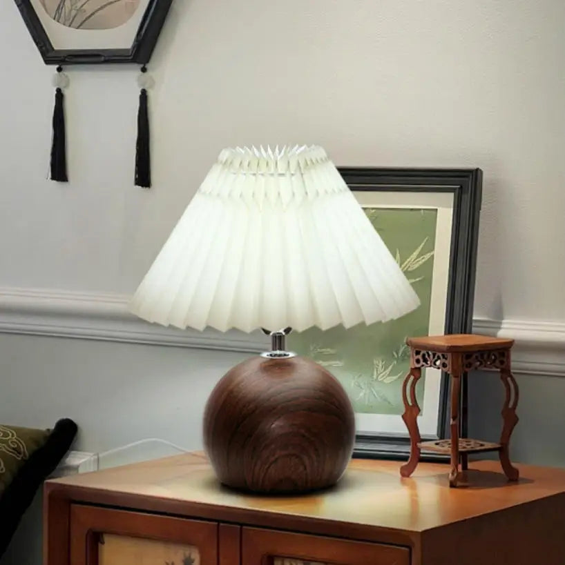 LED Bedside Table Lamp Cute Small Pleated Lamps for Nightstand Circular Walnut Ambient Light USB Bedroom Decoration Night Light