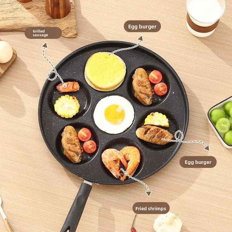 Seven-Hole Non-Stick Frying Pan with Maifan Stone for Home Use, Suitable for Eggs, Burgers, Breakfast, and Induction Cookers