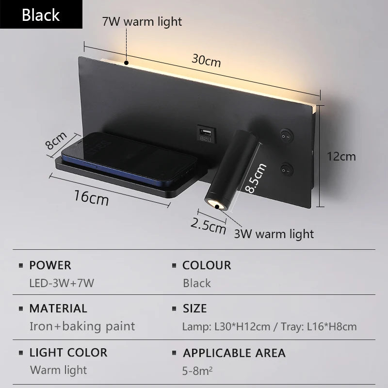 LED Wall Lamp Modern Multifunctional with Wireless Charging USB Interface Bedroom Night Light Indoor Decoration Lighting