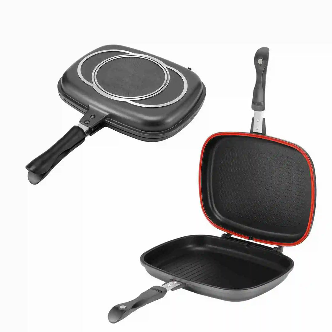 Double Side Pan Grill Pan Frying Double Side Portable Anti‑Burn Handle Kitchen Supplies Grill Pot 32cm/12.6in Pan Portable Pan