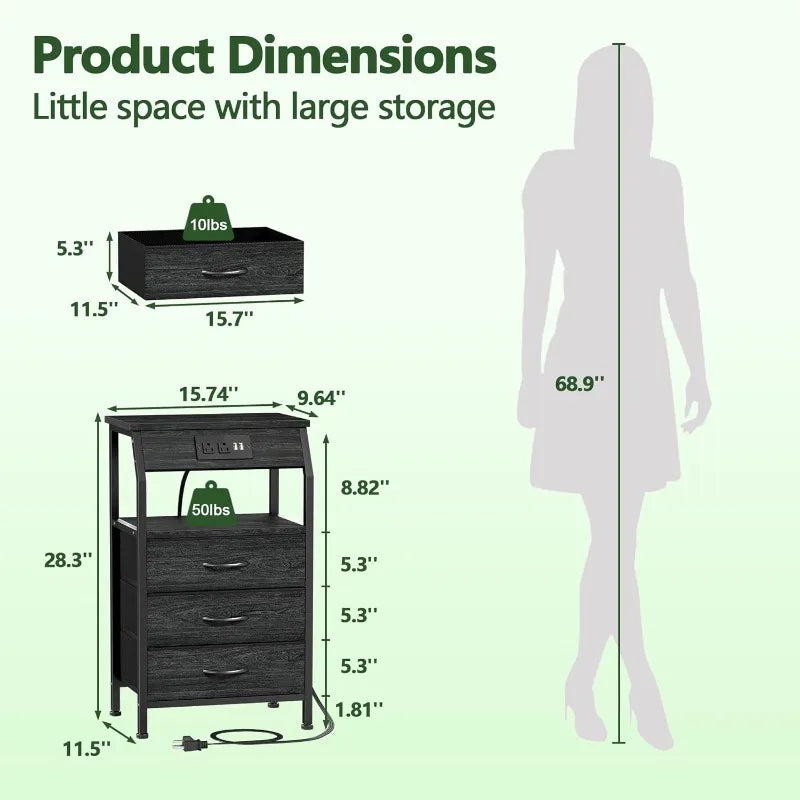 Furnulem Night Stand With Charging Statio 28.3 Inch Tall Side Table With Fabric Drawers And Storage Shelf Bedside Table With