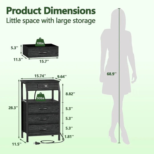 Furnulem Night Stand With Charging Statio 28.3 Inch Tall Side Table With Fabric Drawers And Storage Shelf Bedside Table With