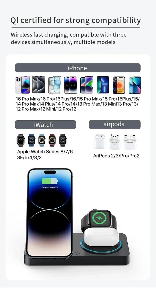 3 in 1 Magnetic Wireless Charger Foldable Phone Stand Fast Charging Station For iPhone 16 15 14 Pro Max iWatch 10 9 Airpods Pro2