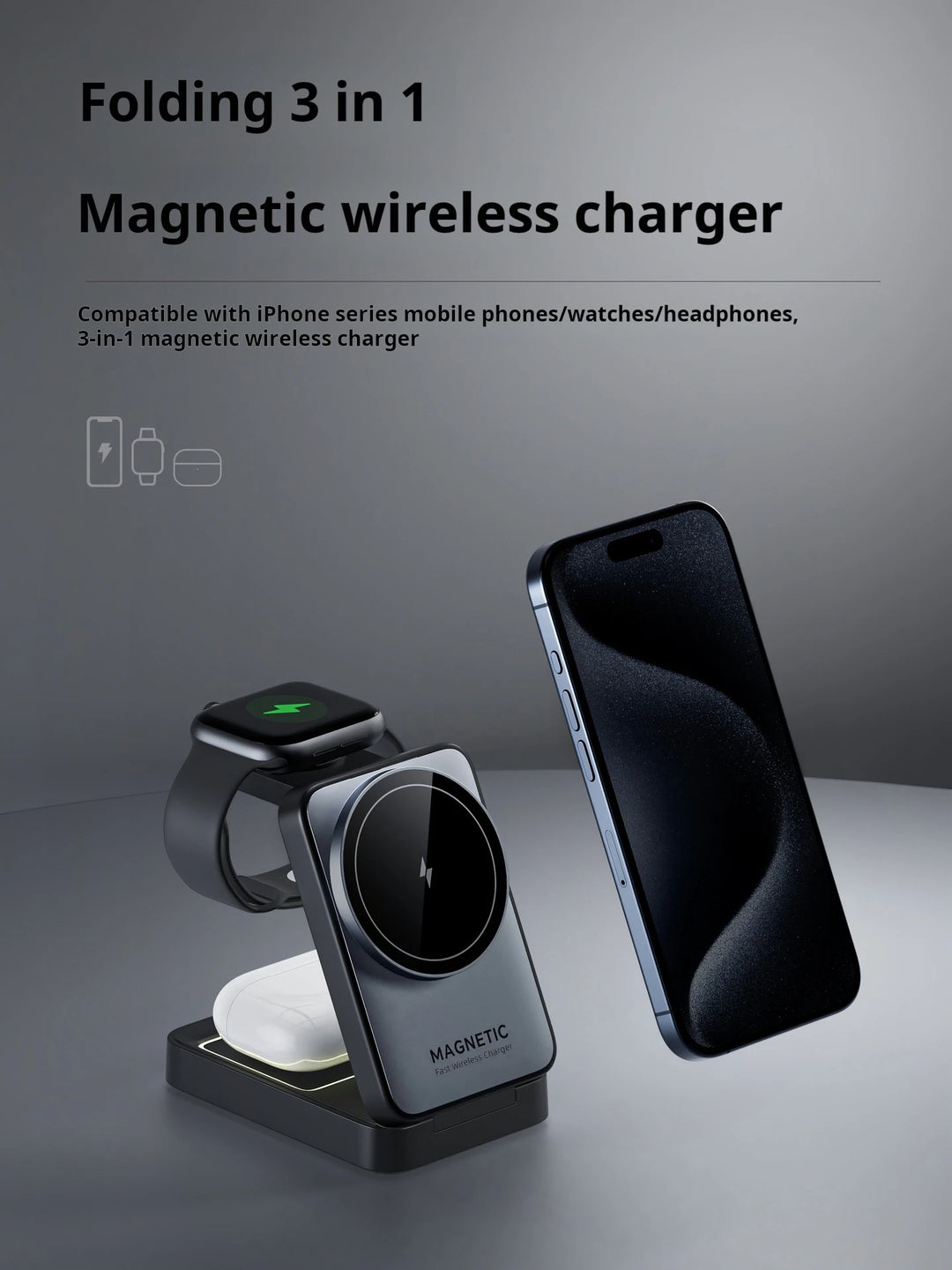 Foldable Magnetic 3-in-1 Wireless Charging Station 15W Fast Charge - Portable Travel Dock for iPhone 16/15/14 Pro Max Series