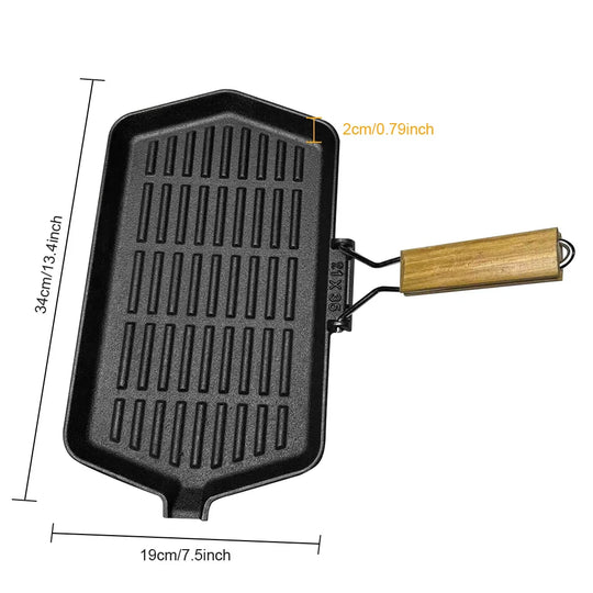 34X19cm Cast Iron Grill Pan Rectangular Frying Pan with Handle Skillet for Induction Cooker for Hiking Picnic Cooking
