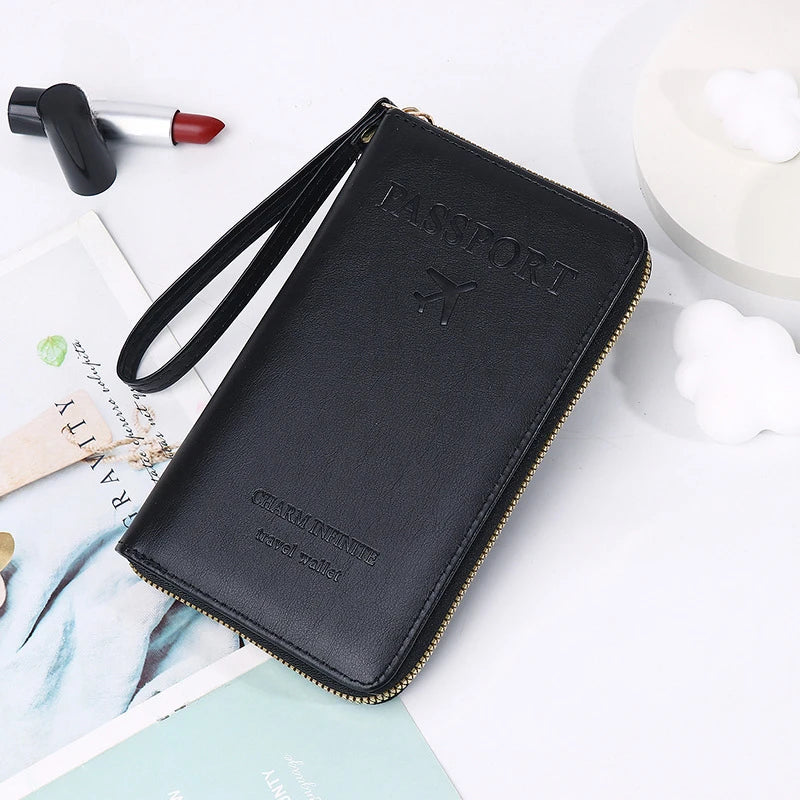 Unisex Men Women Zipper Travel Multi-Function Passport Holder Cover Case Wallet PU Leather Ticket Protective Travel Accessories