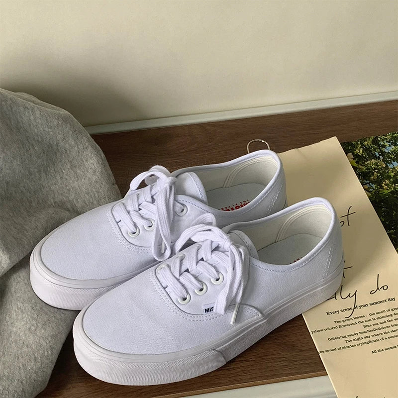 Casual Flats Canvas Sneakers Women Outdoor Solid Color Shallow Sports Shoes Tennis Female Streetwear Lace Up Vulcanize Shoes
