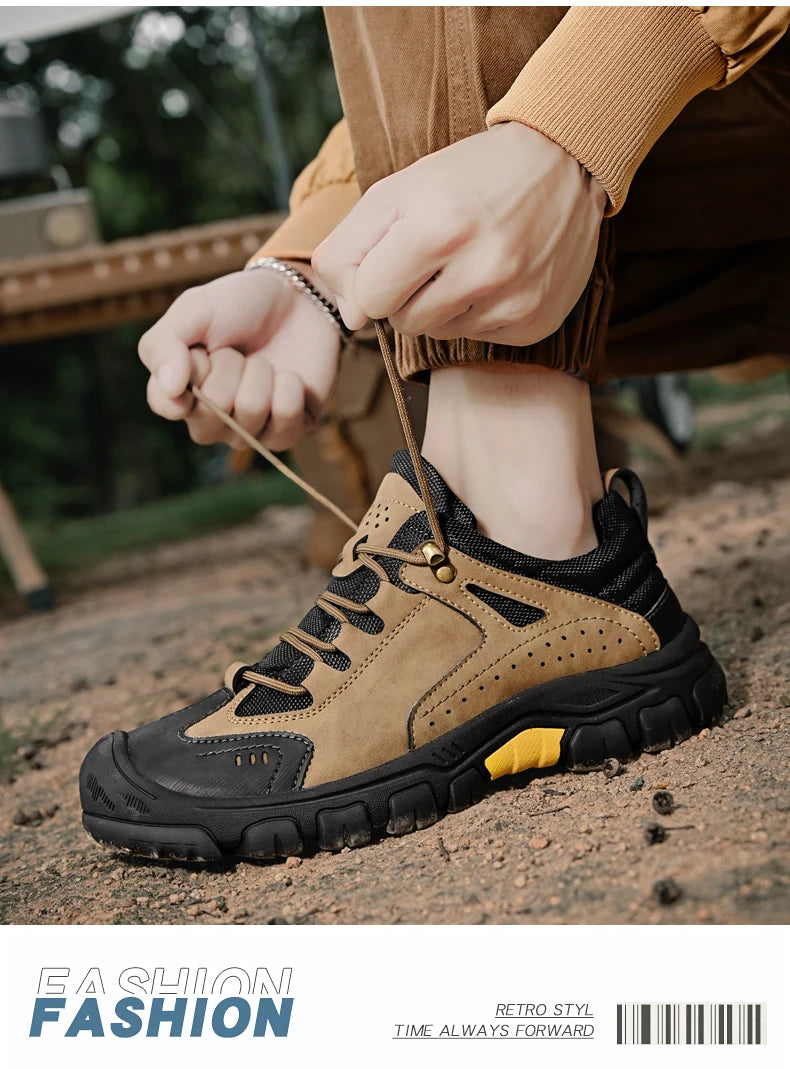 Men's Leather Outdoor Lace Up Anti Slip Sports Shoes Comfortable  Lightweight Hiking Shoes Casual  Breathable Hiking Shoes