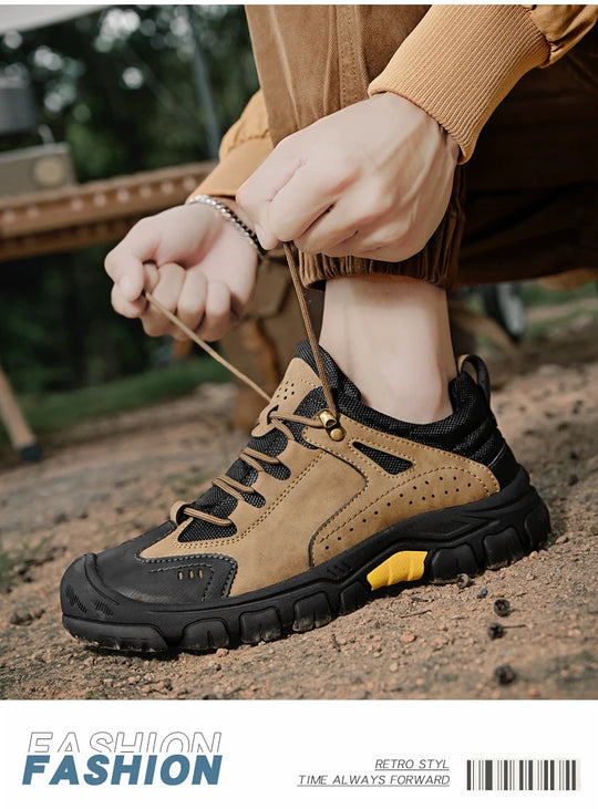 Men's Leather Outdoor Lace Up Anti Slip Sports Shoes Comfortable  Lightweight Hiking Shoes Casual  Breathable Hiking Shoes