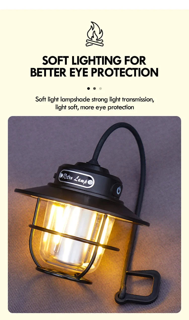 LED Camping Lamp Retro Hanging Lamp Portable Stepless Dimming Camping Light Waterproof Rechargeable Outdoor Light Lantern