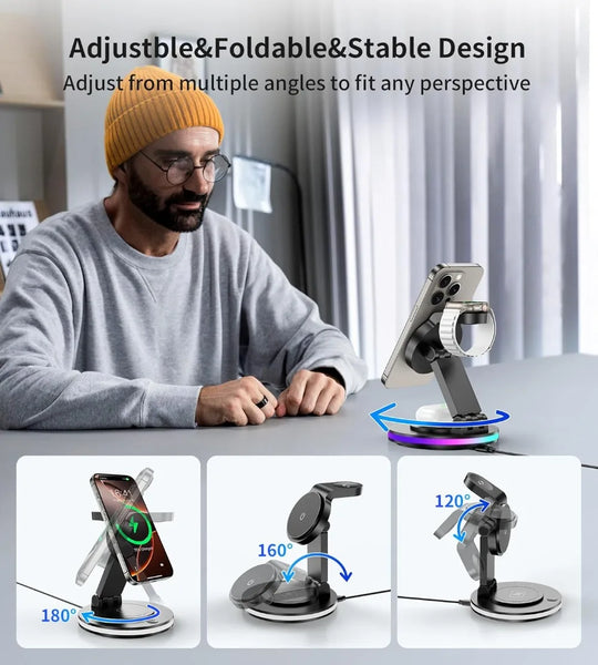 Magnetic Wireless Charging Station for iPhone 16 15 14 Foldable Rotating Light Adjustment 3-in-1 15W Fast Mag-Safe Charger Stand