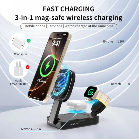 Foldable Magnetic Wireless Charger Station 3 in 1 Fast Charging Pad Stand For Magsafe iPhone 16 15 14 13 12 iWatch 9 8 Airpods