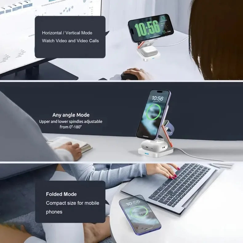 Fast Charging Station 3 in 1 Foldable Magnetic Wireless Charger Stand for iPhone 16 15 14 13 12 iWatch 10-2 Airpods Pro Max