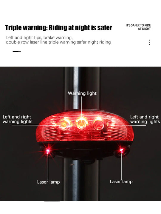 5 LED Bike Tail Lamp Night Riding Laser Light Outdoor Cycling Waterproof Safety Warning Taillight