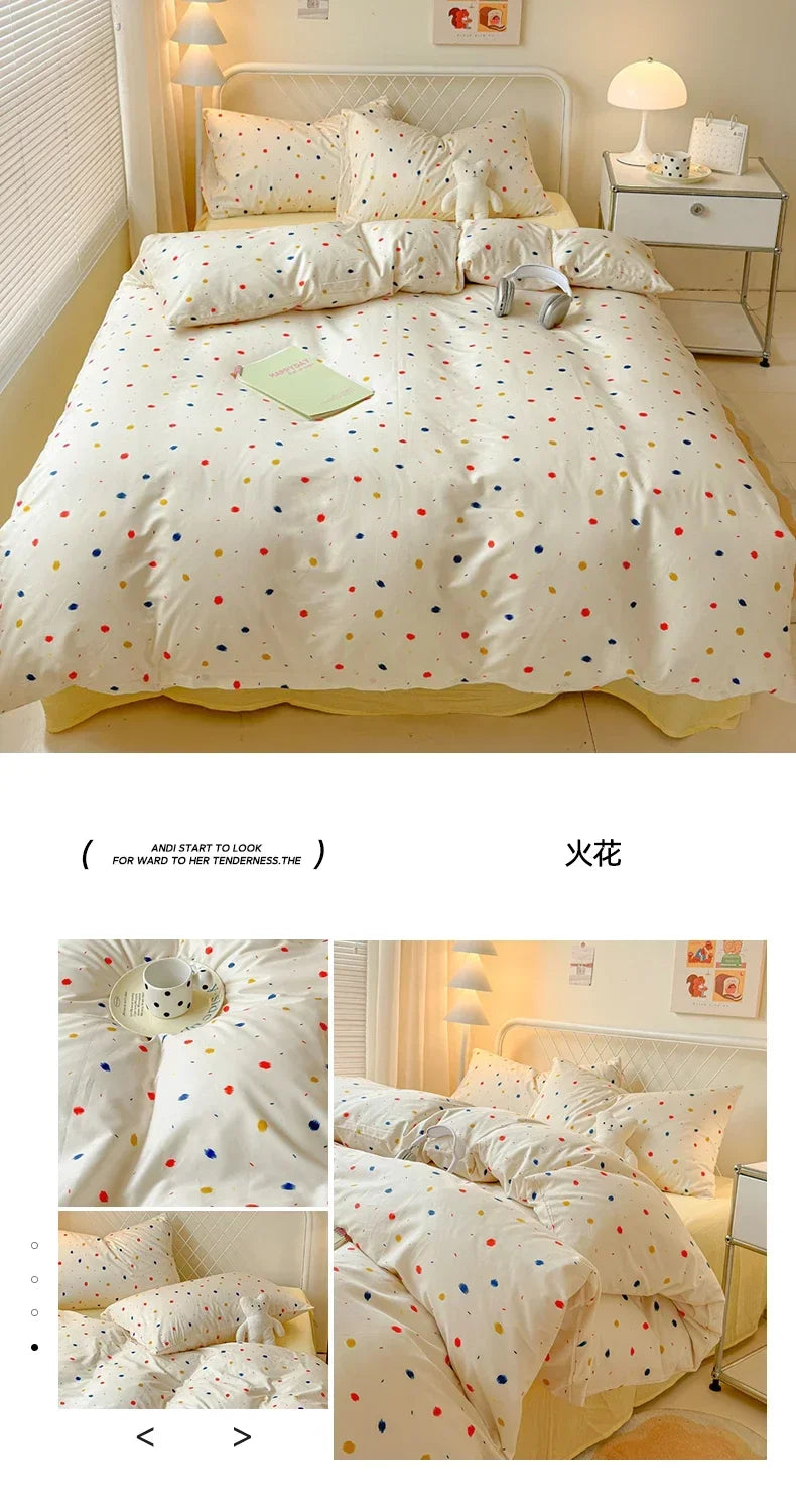 Queen Bedding Set Reactive Printed Bed Sheet Sets Washed Polyester Soft Duvet Cover Bed Sheet Pillowcase Cartoon Bedding Bed Set