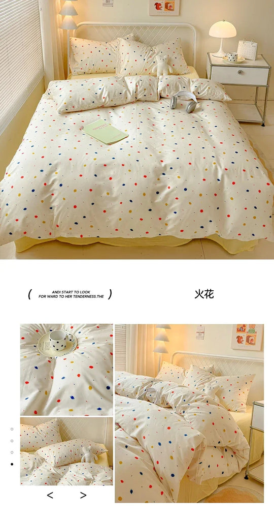 Queen Bedding Set Reactive Printed Bed Sheet Sets Washed Polyester Soft Duvet Cover Bed Sheet Pillowcase Cartoon Bedding Bed Set