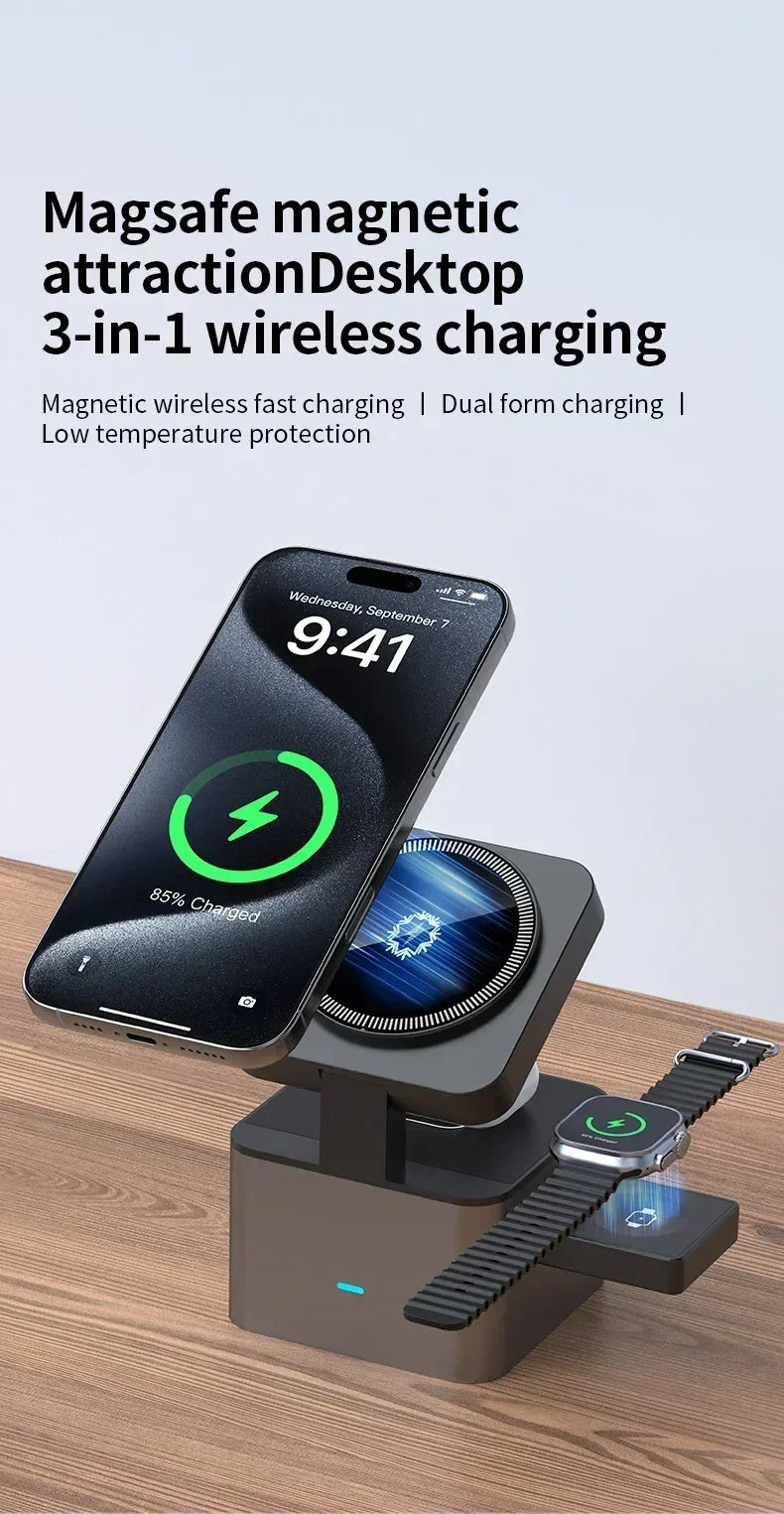 3 in 1 Wireless Charger Foldable Fast Charging Station Wireless Ice-Cooling Charger For iPhone 16 15 14 13 iWatch 9 8 7 Airpods