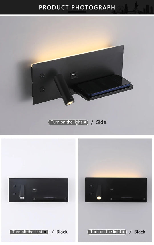LED Wall Lamp Modern Multifunctional with Wireless Charging USB Interface Bedroom Night Light Indoor Decoration Lighting