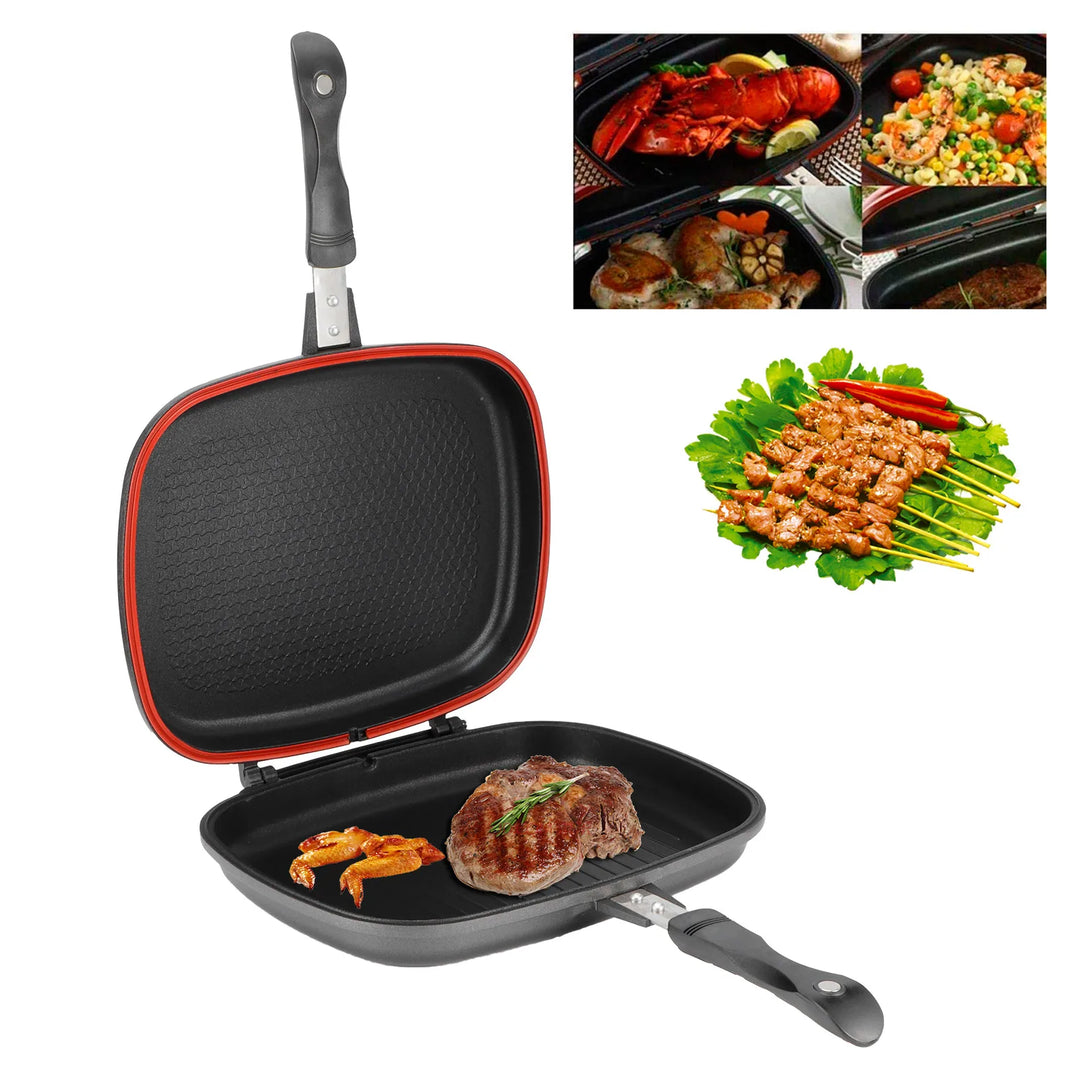 Double Side Pan Grill Pan Frying Double Side Portable Anti‑Burn Handle Kitchen Supplies Grill Pot 32cm/12.6in Pan Portable Pan