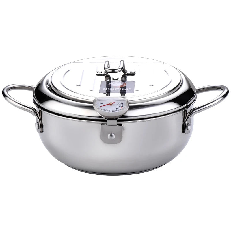 Japanese Deep Frying Pot with a Thermometer and a Lid 304 Stainless Steel Kitchen Tempura Fryer Pan 20/24cm Induction Heating Pa