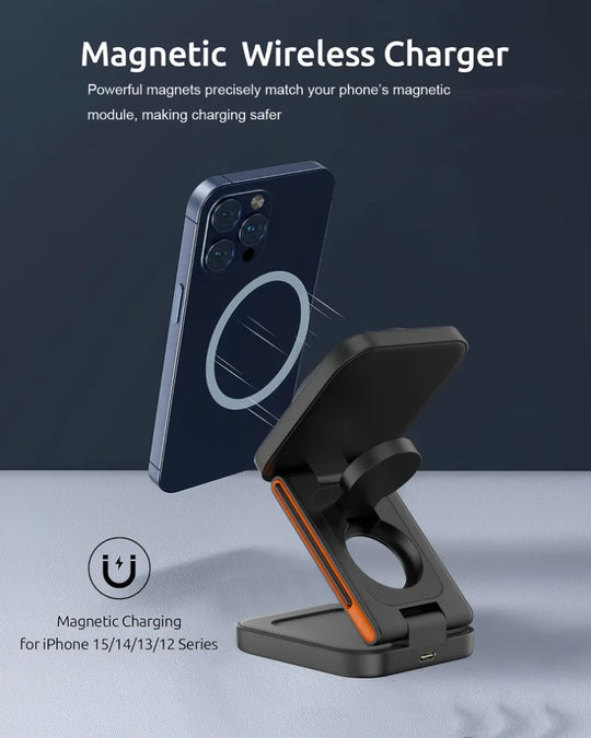 Fast Charging Station 3 in 1 Foldable Magnetic Wireless Charger Stand for iPhone 16 15 14 13 12 iWatch 10-2 Airpods Pro Max