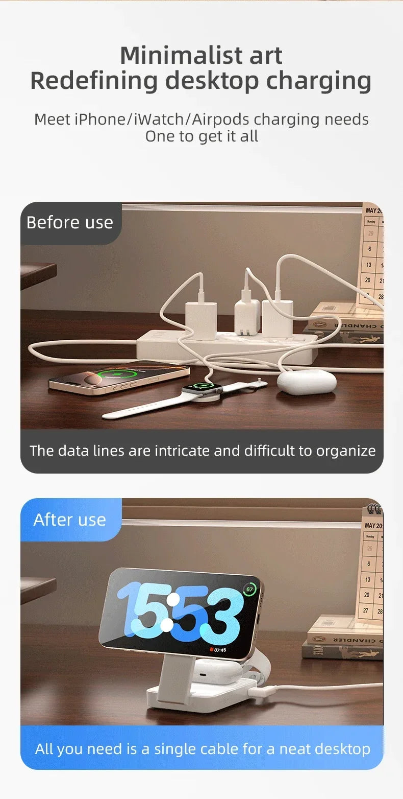 3 In 1 Magnetic Wireless Charger QI2 Folding Wireless Charging Station for Magsafe  iPhone 16 15 14 13 iWatch 9 8 7 AirPods Pro