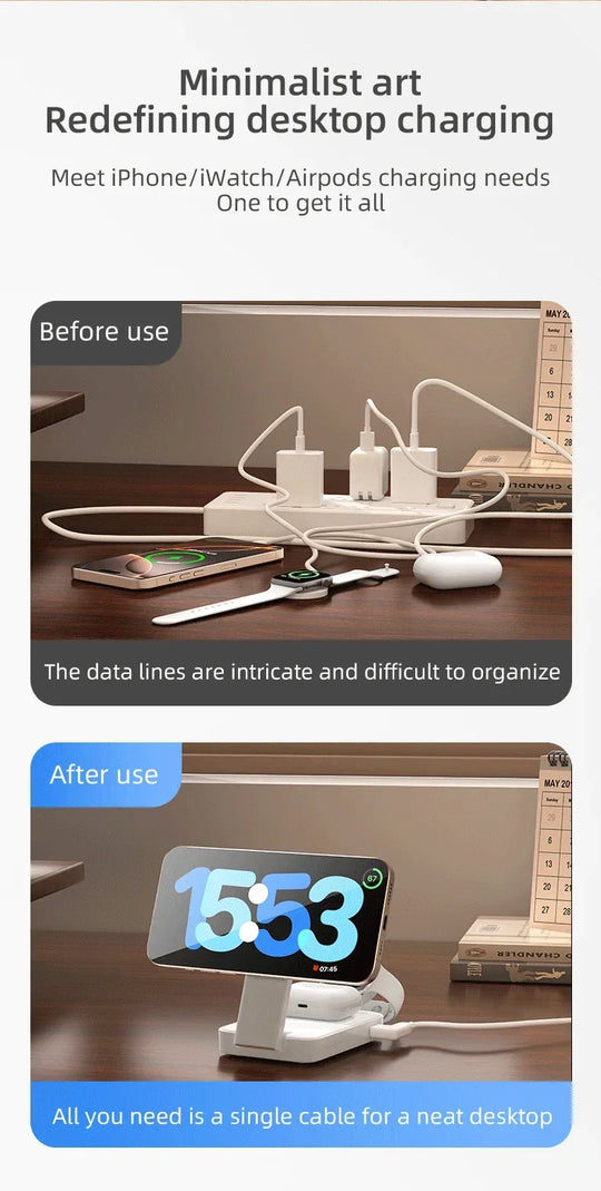 3 In 1 Magnetic Wireless Charger QI2 Folding Wireless Charging Station for Magsafe  iPhone 16 15 14 13 iWatch 9 8 7 AirPods Pro