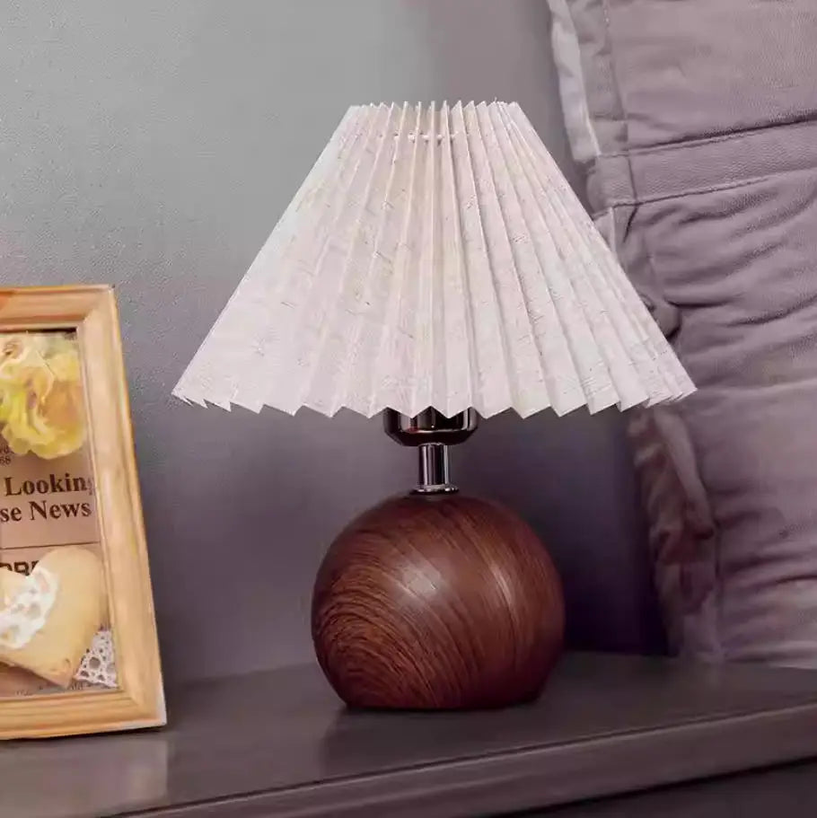 LED Bedside Table Lamp Cute Small Pleated Lamps for Nightstand Circular Walnut Ambient Light USB Bedroom Decoration Night Light