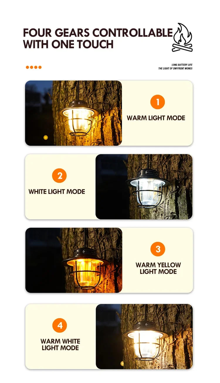 LED Camping Lamp Retro Hanging Lamp Portable Stepless Dimming Camping Light Waterproof Rechargeable Outdoor Light Lantern