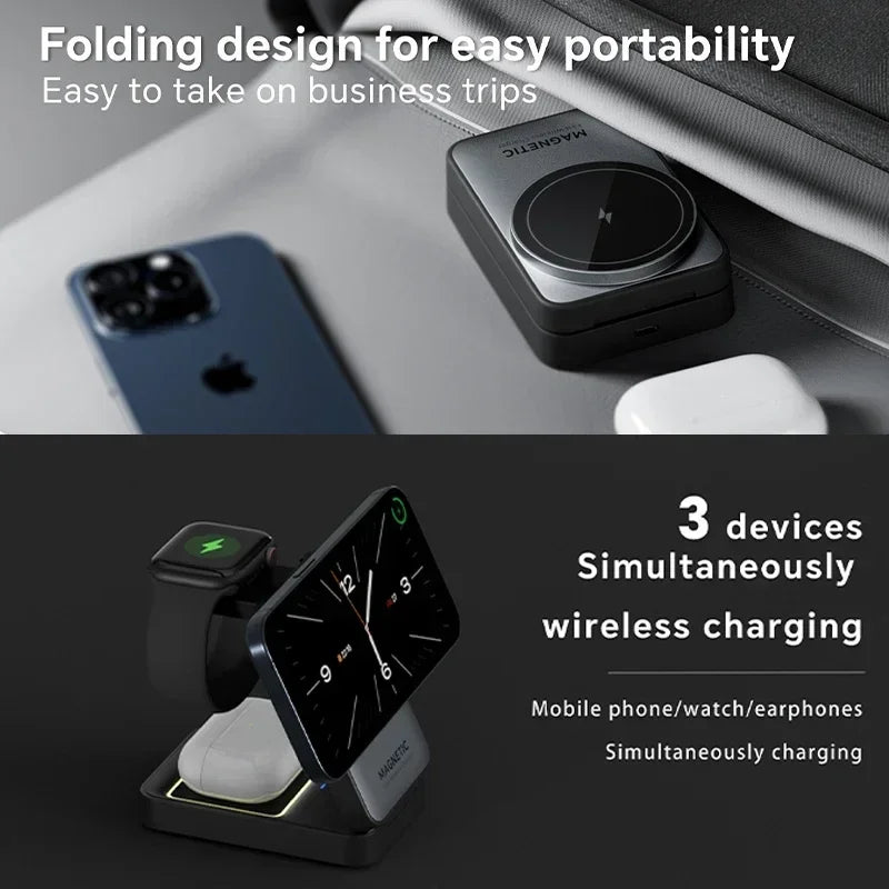 Foldable 3 In 1 Magnetic Wireless Charger Stand For Magsafe iPhone 16 15 14 13 12 iWatch 6 7 8 Airpods Pro Fast Charging Station