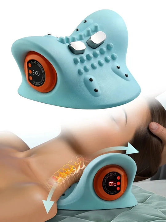 A multifunctional neck massager designed to heat and stretch the neck, back, and shoulders, providing deep relief for neck disco