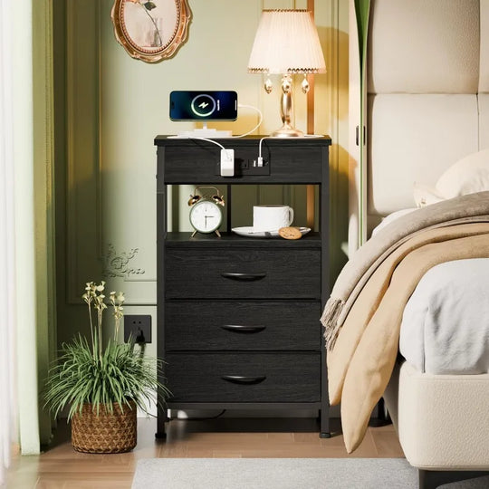 Furnulem Night Stand With Charging Statio 28.3 Inch Tall Side Table With Fabric Drawers And Storage Shelf Bedside Table With