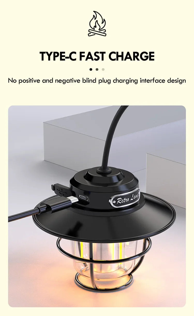 LED Camping Lamp Retro Hanging Lamp Portable Stepless Dimming Camping Light Waterproof Rechargeable Outdoor Light Lantern