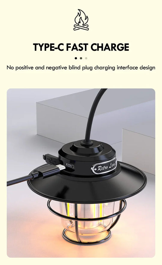 LED Camping Lamp Retro Hanging Lamp Portable Stepless Dimming Camping Light Waterproof Rechargeable Outdoor Light Lantern