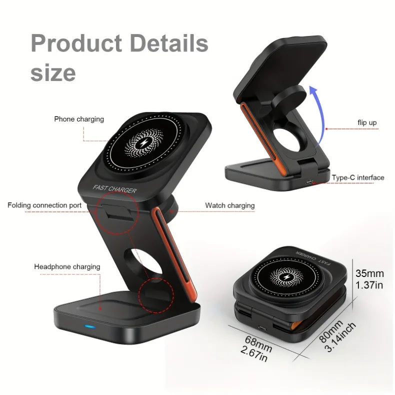 Fast Charging Station 3 in 1 Foldable Magnetic Wireless Charger Stand for iPhone 16 15 14 13 12 iWatch 10-2 Airpods Pro Max