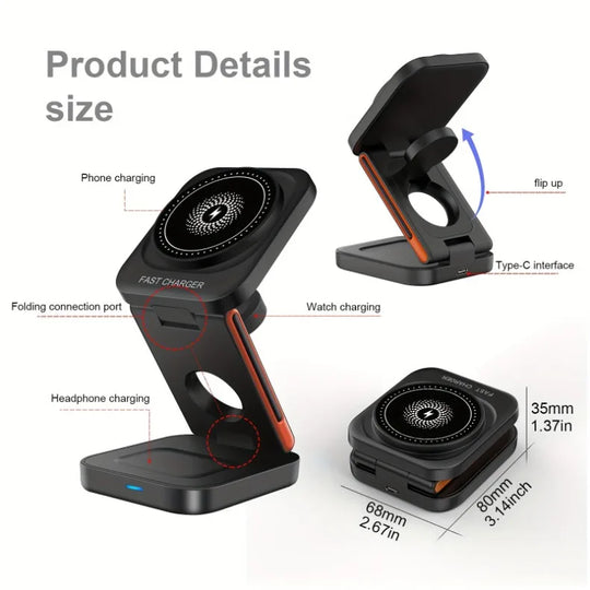 Fast Charging Station 3 in 1 Foldable Magnetic Wireless Charger Stand for iPhone 16 15 14 13 12 iWatch 10-2 Airpods Pro Max