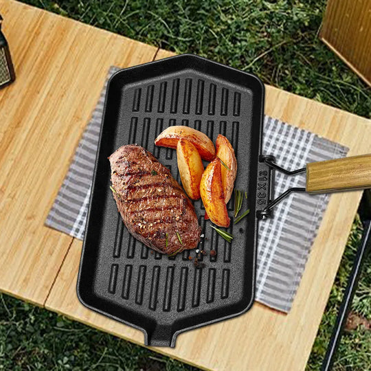 34X19cm Cast Iron Grill Pan Rectangular Frying Pan with Handle Skillet for Induction Cooker for Hiking Picnic Cooking