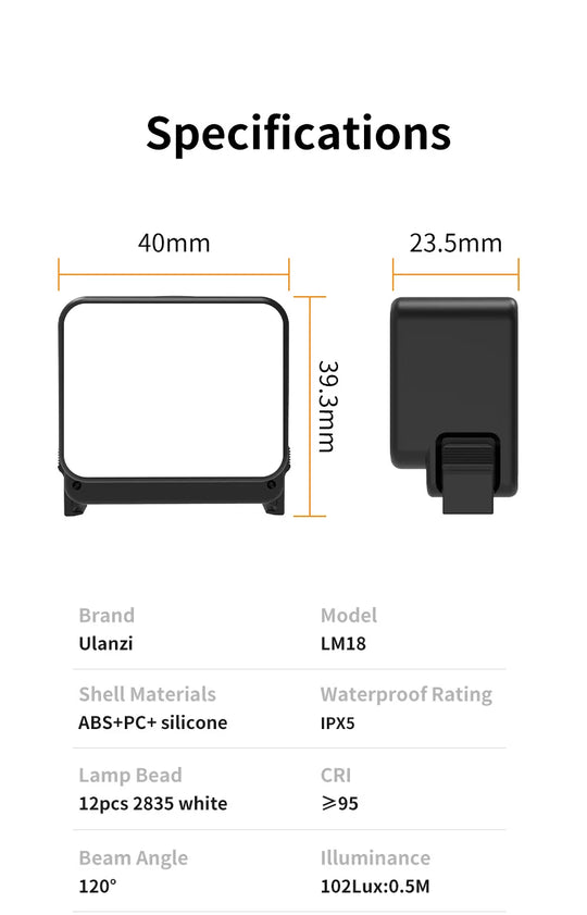 Ulanzi LM18 Led Video Fill Light IPX5 Waterproof  Magnetic 5600K for DJI Osmo Action 5/4/3 & Pocket 3 Action Camera Accessories