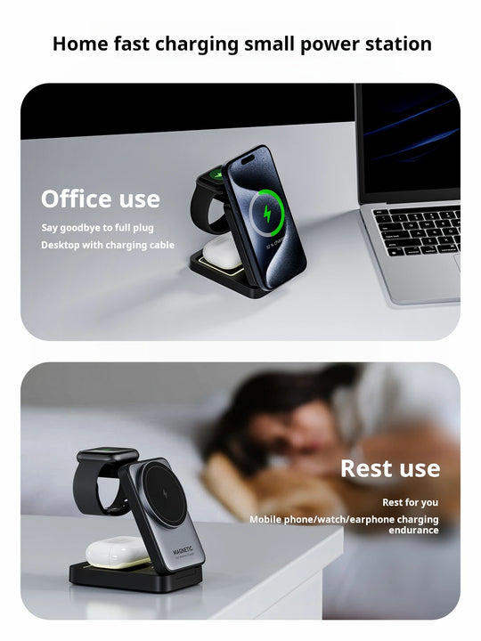 Foldable Magnetic 3-in-1 Wireless Charging Station 15W Fast Charge - Portable Travel Dock for iPhone 16/15/14 Pro Max Series