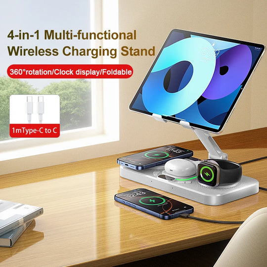 4-in-1 Wireless Charging Station Foldable Multi-function Magnetic Phone Stand Fast Charger For iPhone 16 15 iPad iWatch AirPods