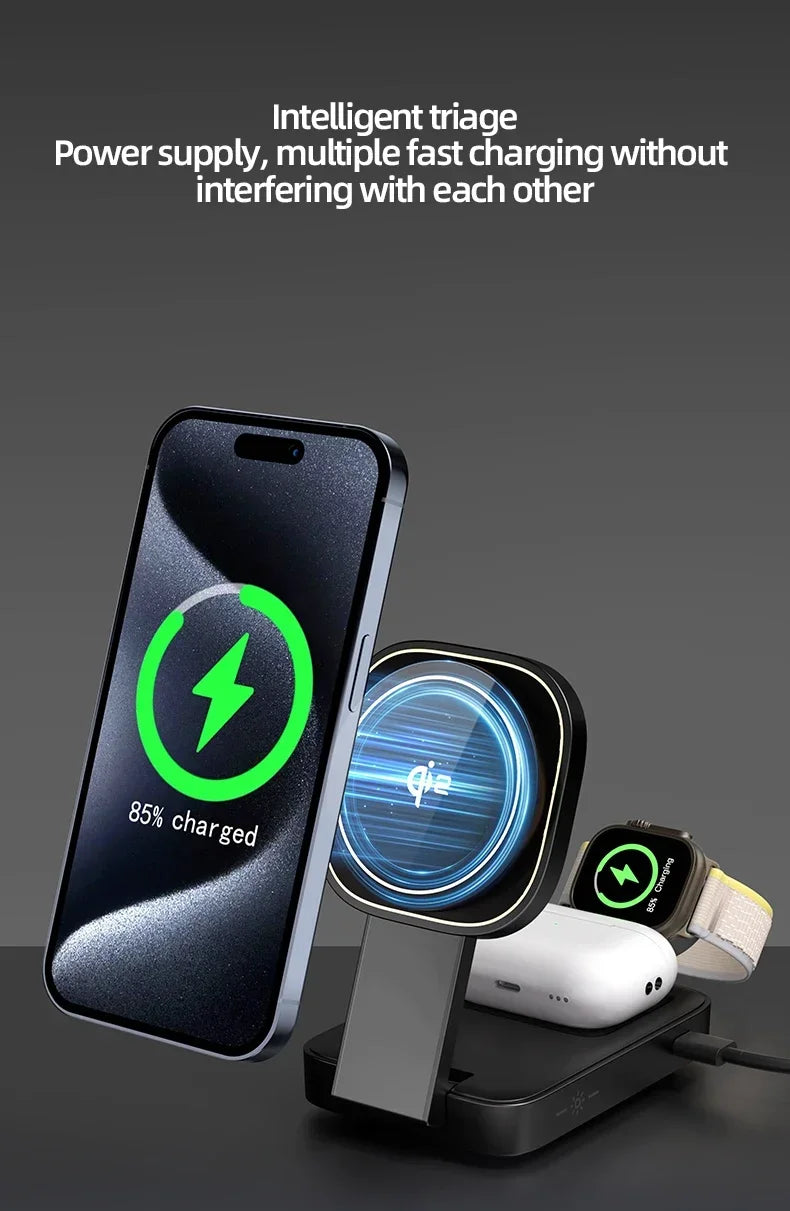 3 In 1 Magnetic Wireless Charger QI2 Folding Wireless Charging Station for Magsafe  iPhone 16 15 14 13 iWatch 9 8 7 AirPods Pro