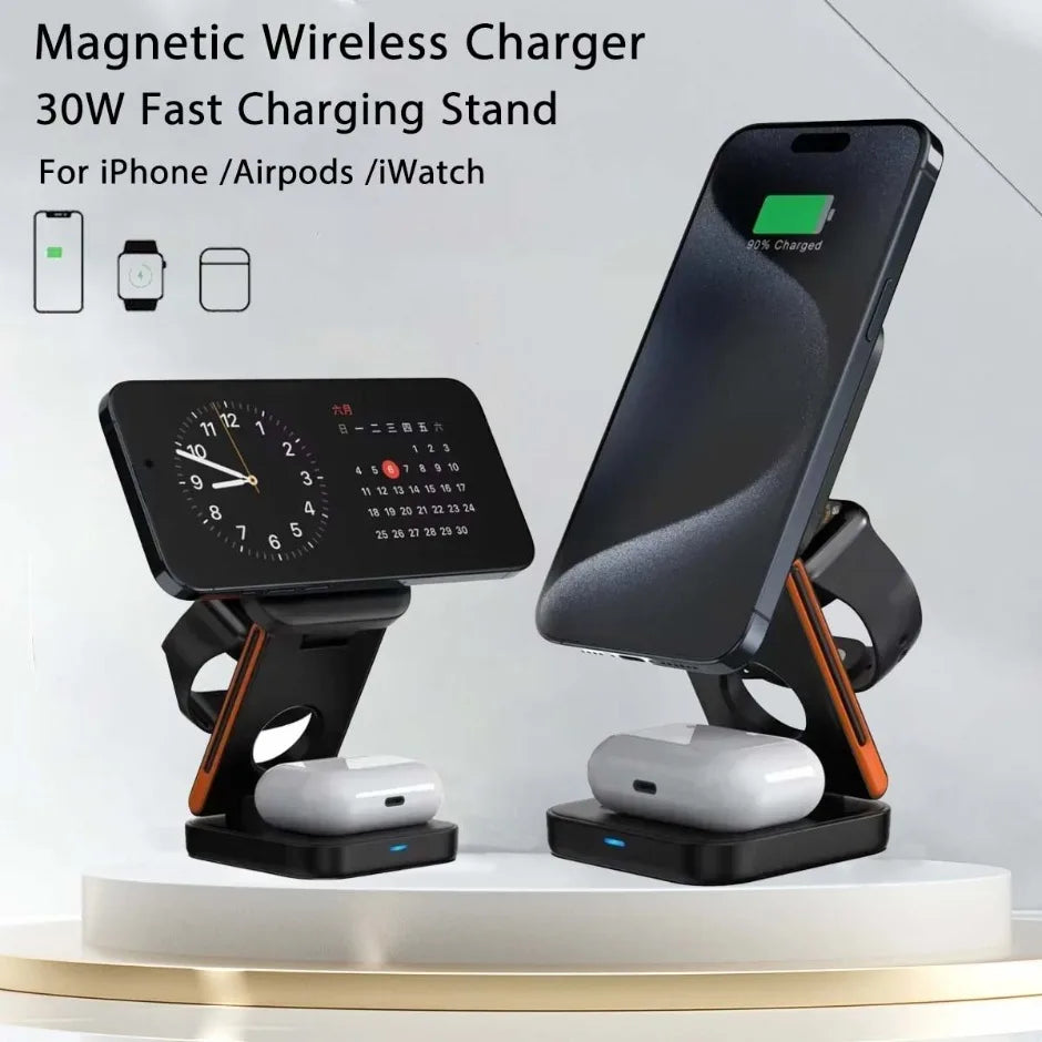 Fast Charging Station 3 in 1 Foldable Magnetic Wireless Charger Stand for iPhone 16 15 14 13 12 iWatch 10-2 Airpods Pro Max