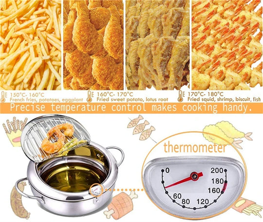 Japanese Deep Frying Pot with a Thermometer and a Lid 304 Stainless Steel Kitchen Tempura Fryer Pan 20/24cm Induction Heating Pa